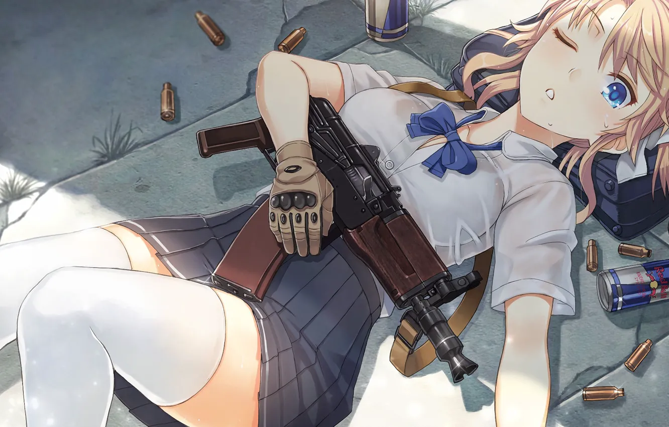 Фото обои girl, gun, weapon, anime, japanese, gloves, RedBull, bishojo