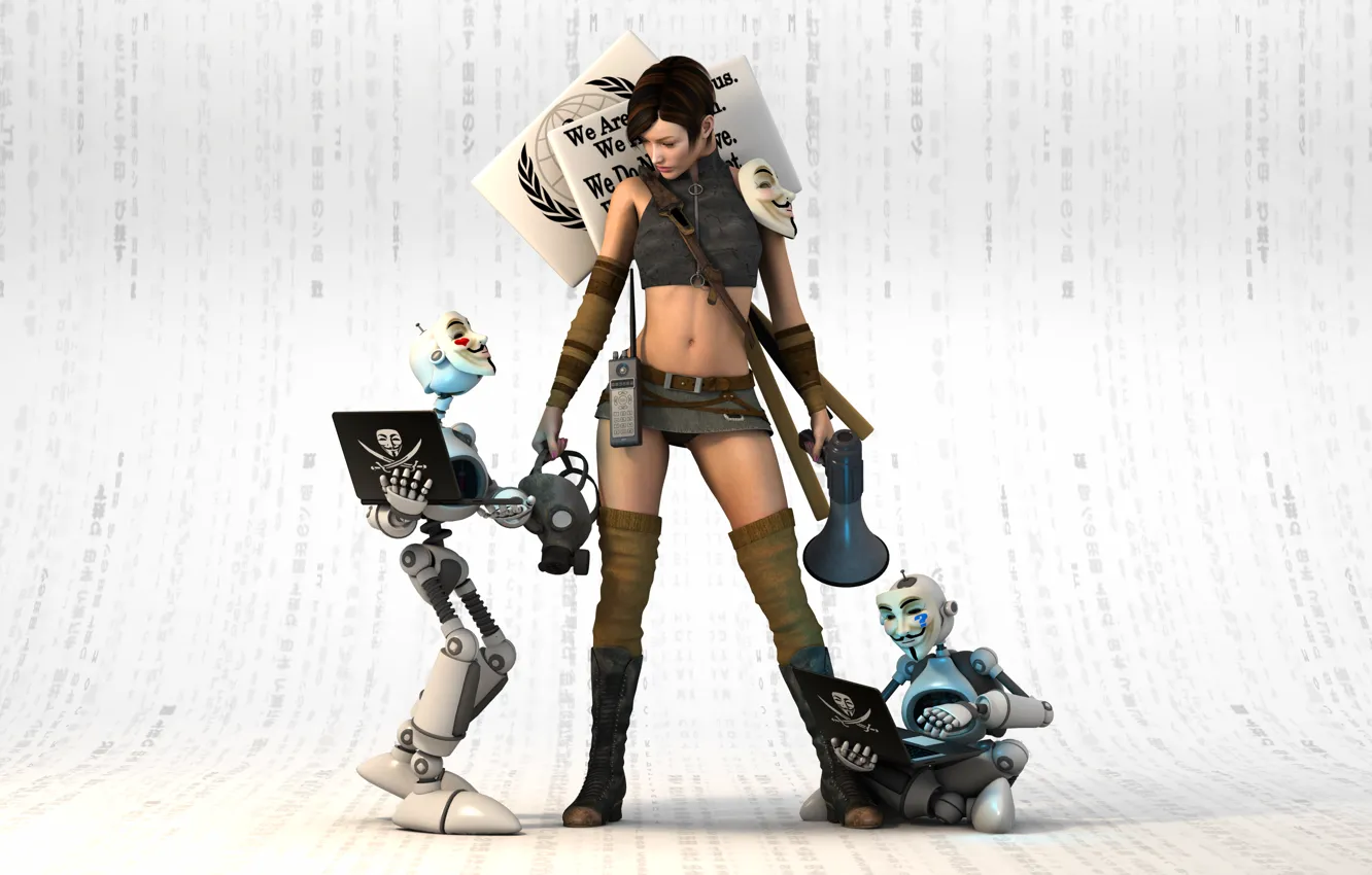 Фото обои взгляд, девушка, рендеринг, роботы, вендетта, маски