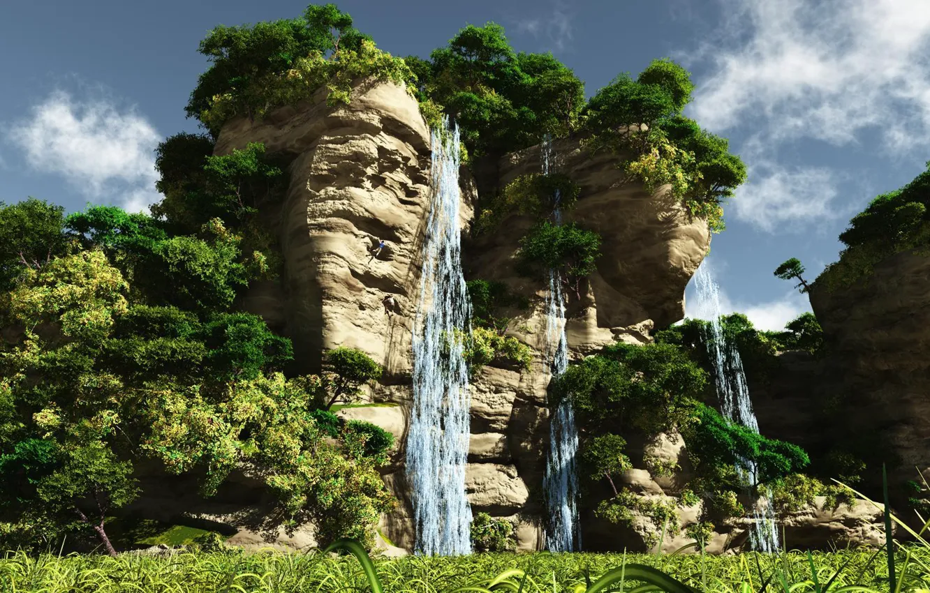 Фото обои sky, clouds, man, waterfall, rock climbers