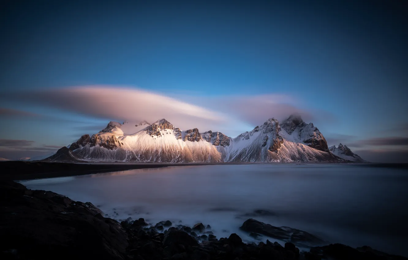 Фото обои море, горы, Исландия, Iceland, Stokksnes, Стокснес, Гора Вестрахорн, Фьорд Хорнафьордюр