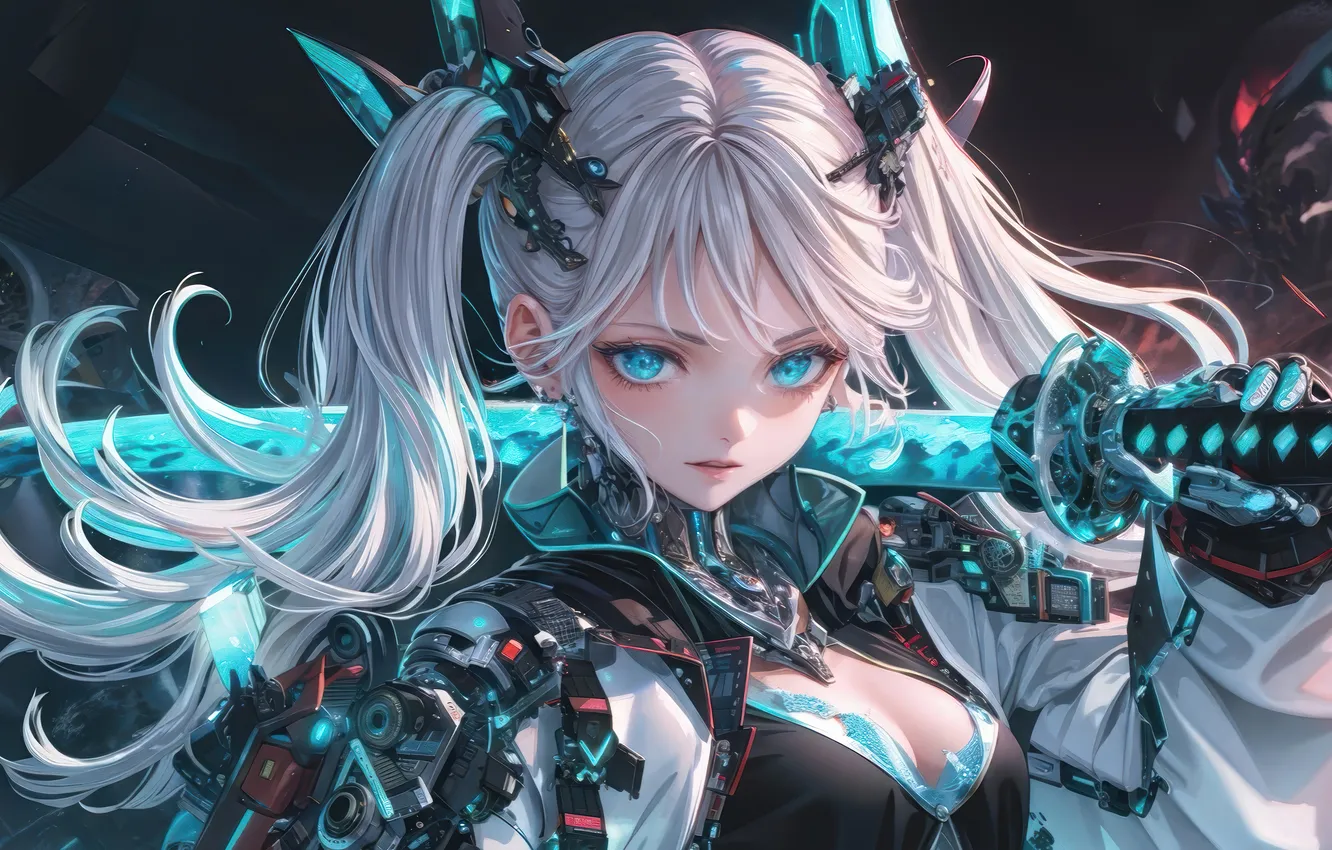 Фото обои Girl, Anime, Katana, Sci-Fi, Anime Girl, White Hair. Cyberpunk, Blye Eyes