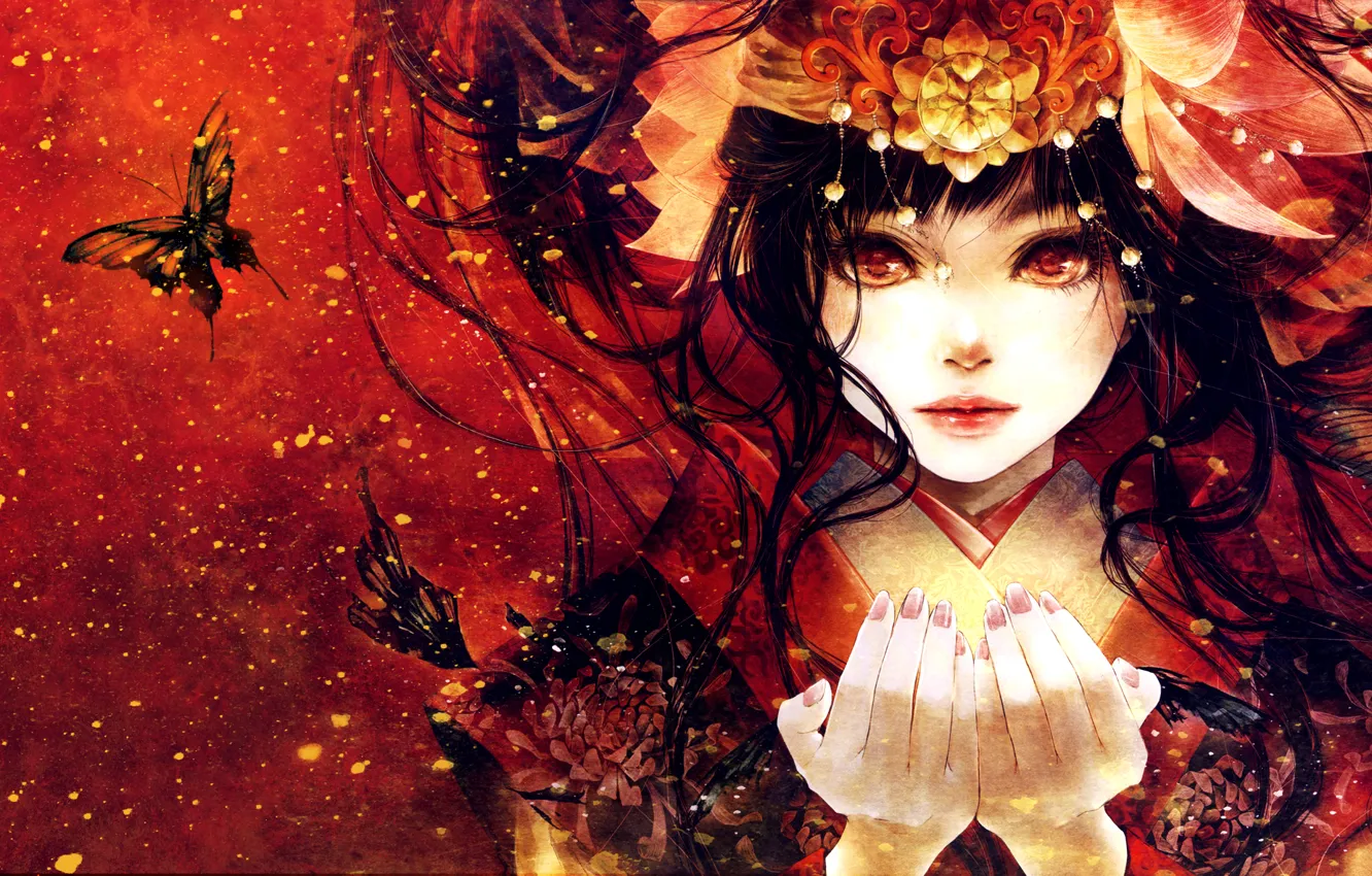 Фото обои взгляд, девушка, бабочки, лицо, аниме, руки, арт, кимоно