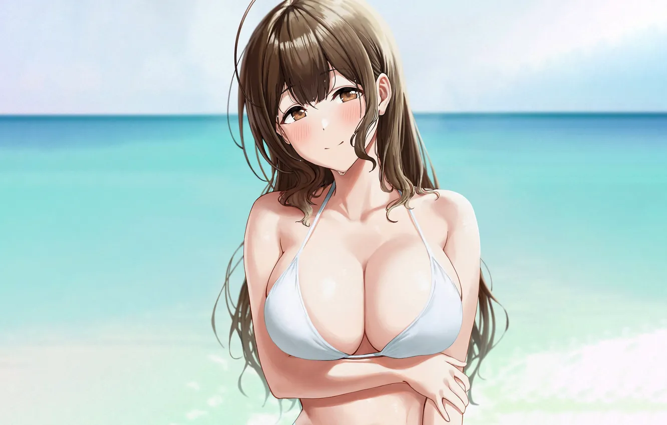 Фото обои girl, sexy, wet, cleavage, long hair, sea, brown hair, brown eyes