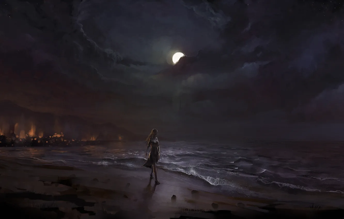 Фото обои песок, море, девушка, ночь, луна, берег, арт, прибой