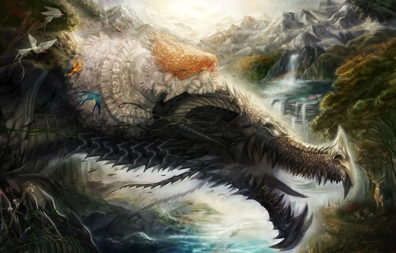 Фото обои девушка, горы, птицы, дракон, водопад, олень, арт, рога