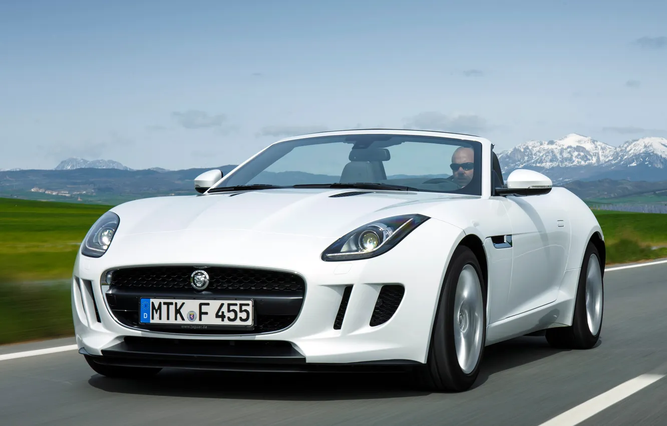 Фото обои дорога, белый, Jaguar, капот, ягуар, передок, 2013, F-Type