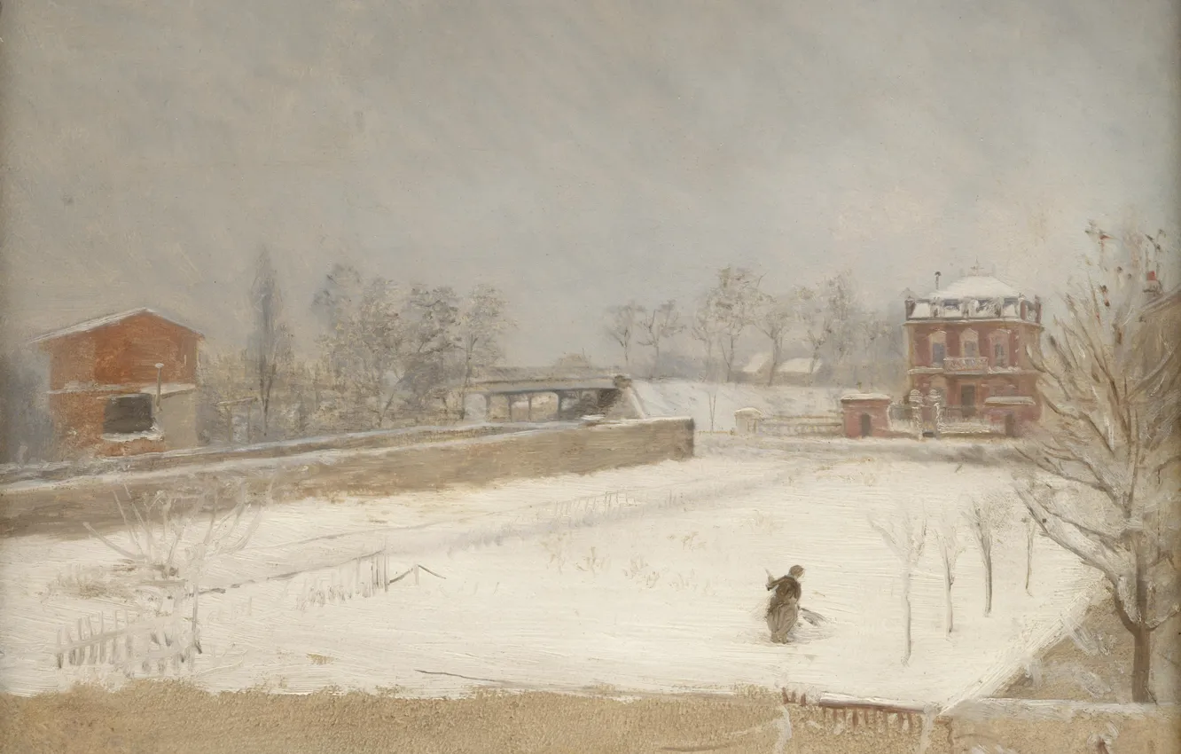 Фото обои снег, дом, картина, Зимний пейзаж, Giuseppe De Nittis, Джузеппе Де Ниттис