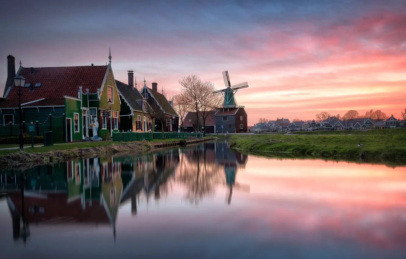 Фото обои закат, дом, отражение, мельница, Нидерланды