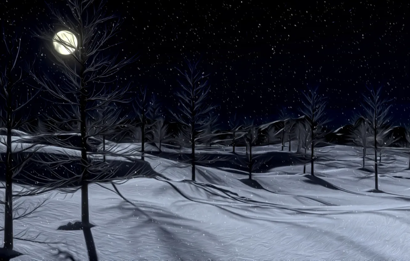 Фото обои зима, снег, ночь, рендеринг, луна, тишина, мороз, тени