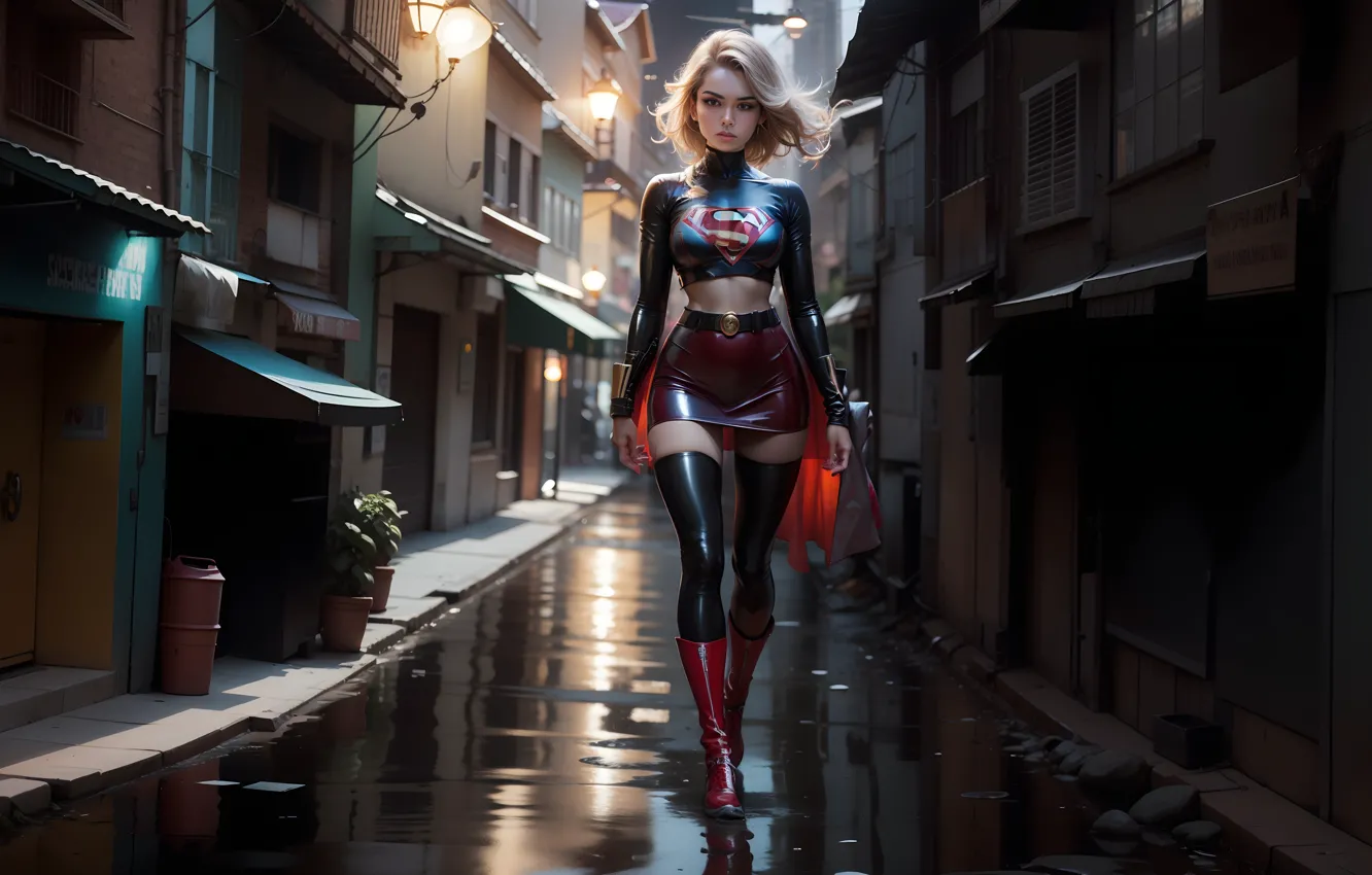 Фото обои girl, sexy, legs, blonde, Supergirl, boots, Kara Zor-El, latex clothes