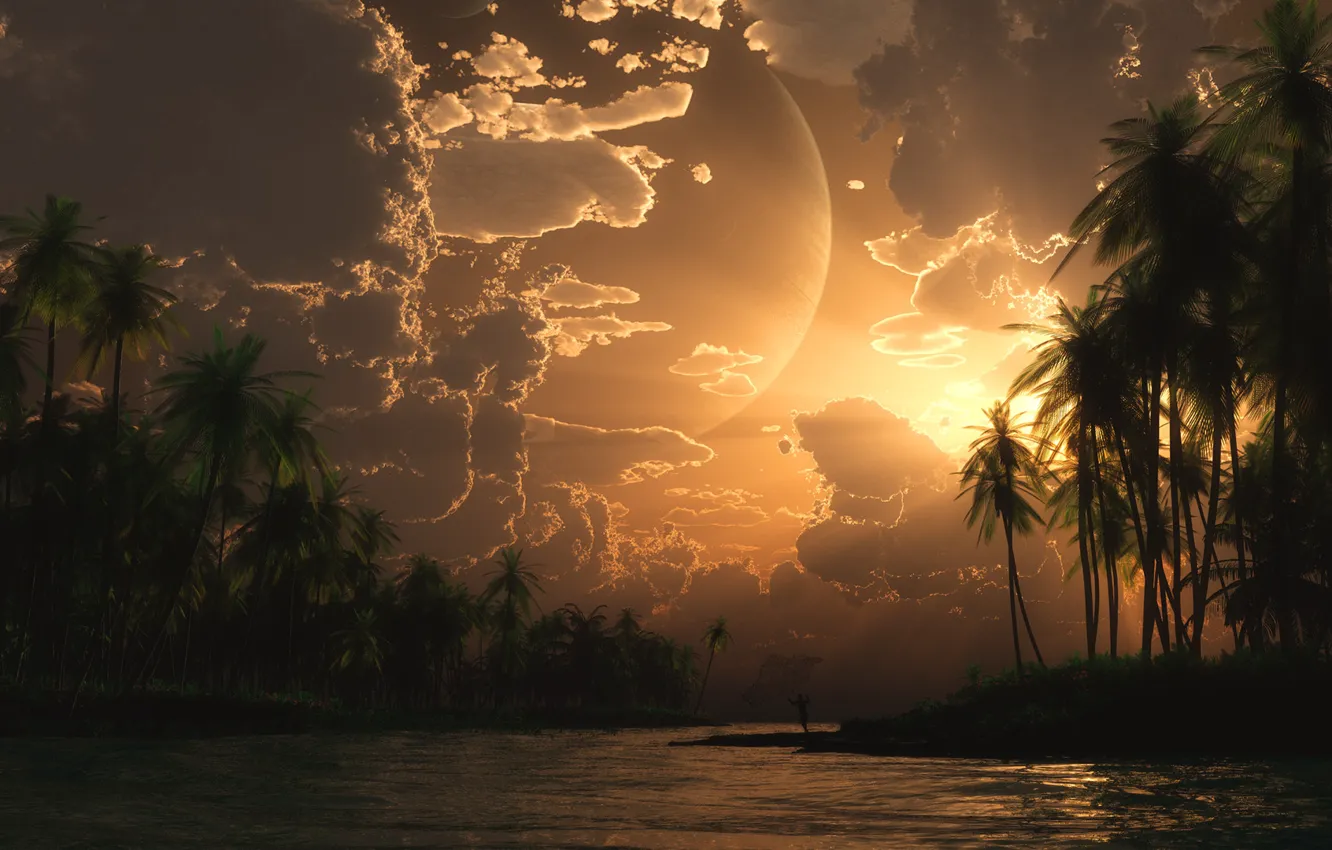 Фото обои море, острова, закат, пальмы, digital, The Fisherman