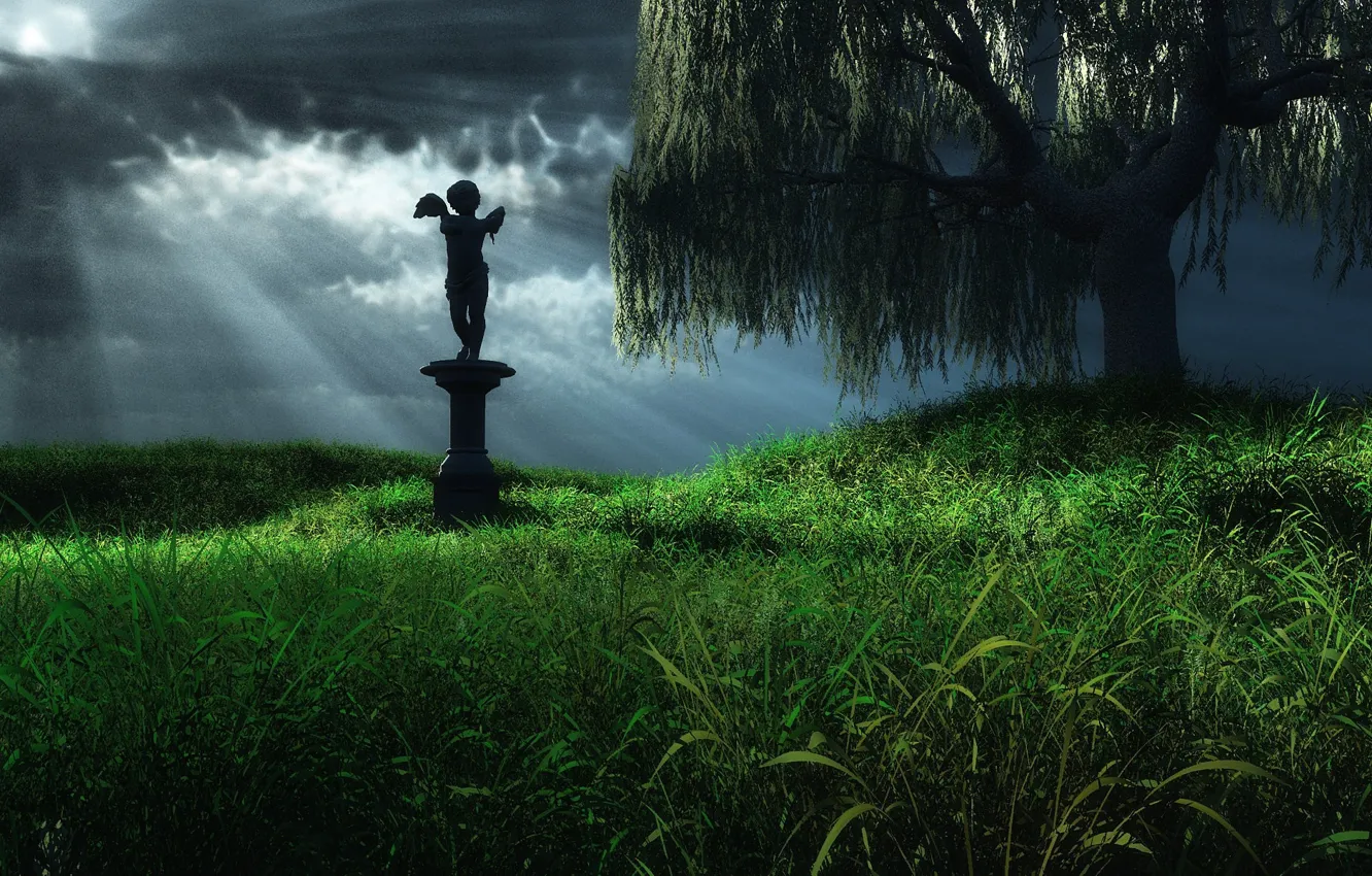 Фото обои трава, дерево, ангел, статуя