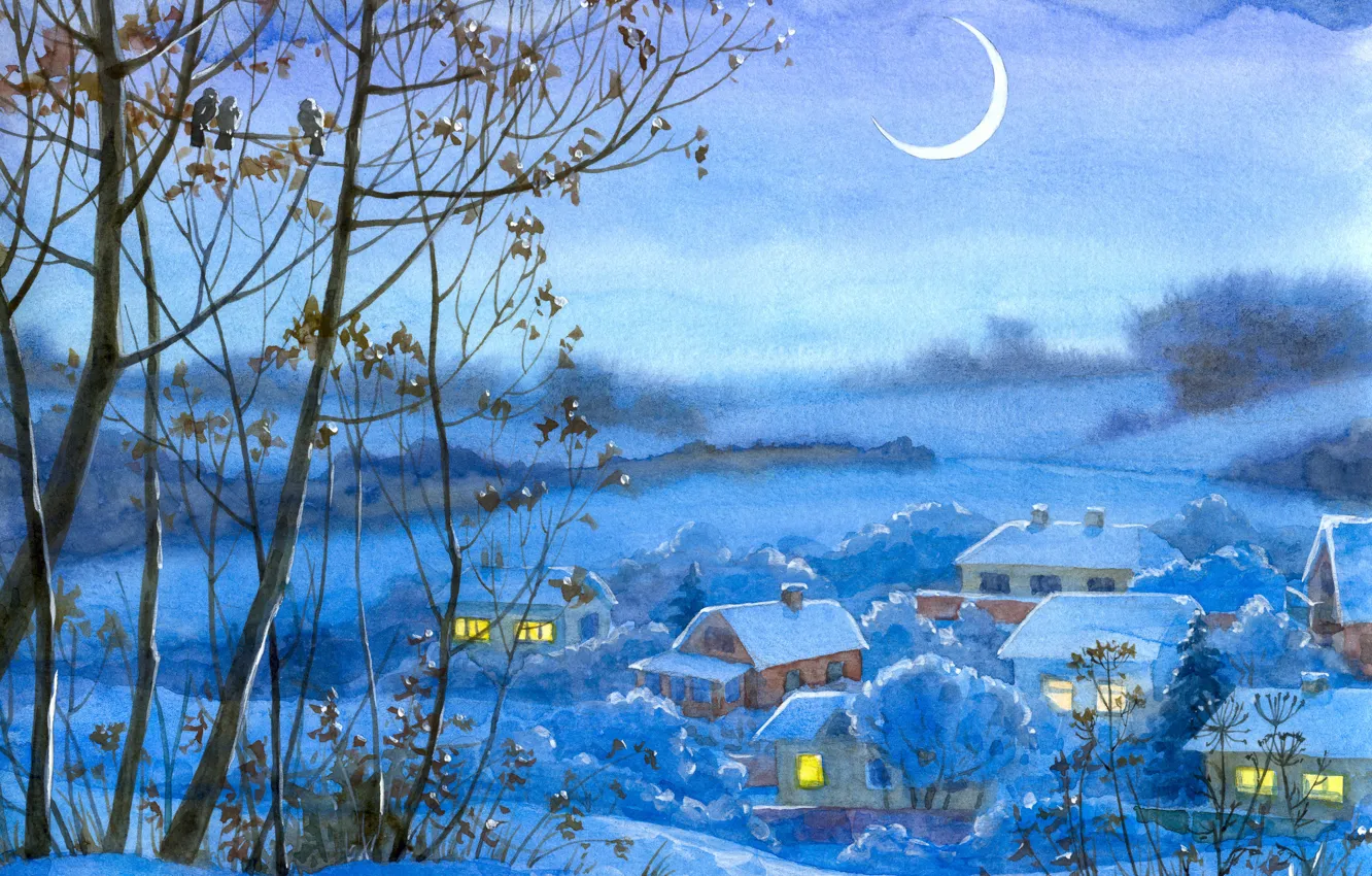 Фото обои Зима, Рисунок, Деревья, Деревня, Живопись, Полумесяц