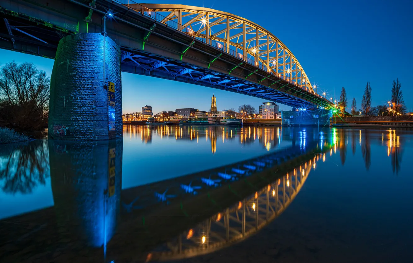 Фото обои мост, отражение, река, Нидерланды, ночной город, Netherlands, Arnhem, John Frost Bridge