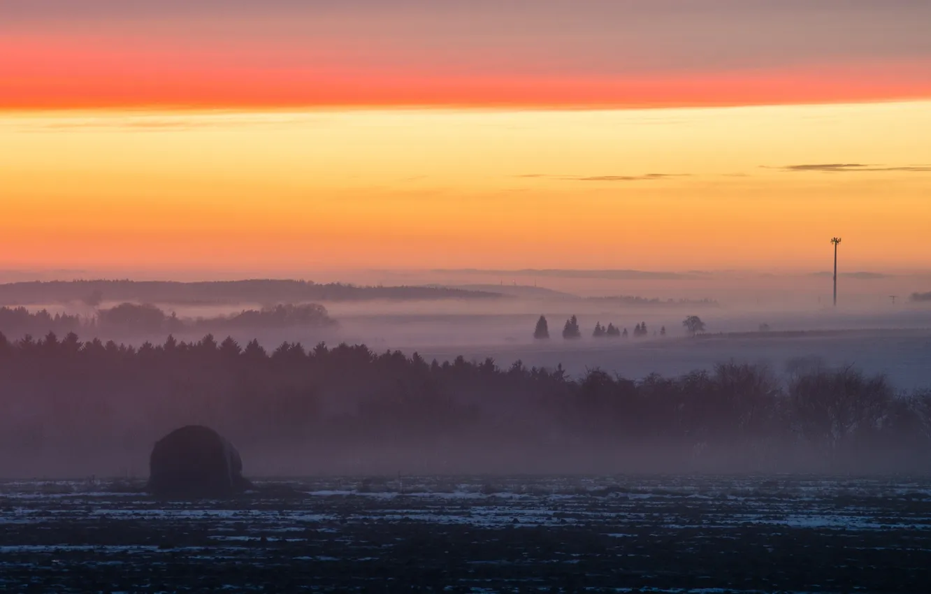 Фото обои закат, туман, оранжевое небо