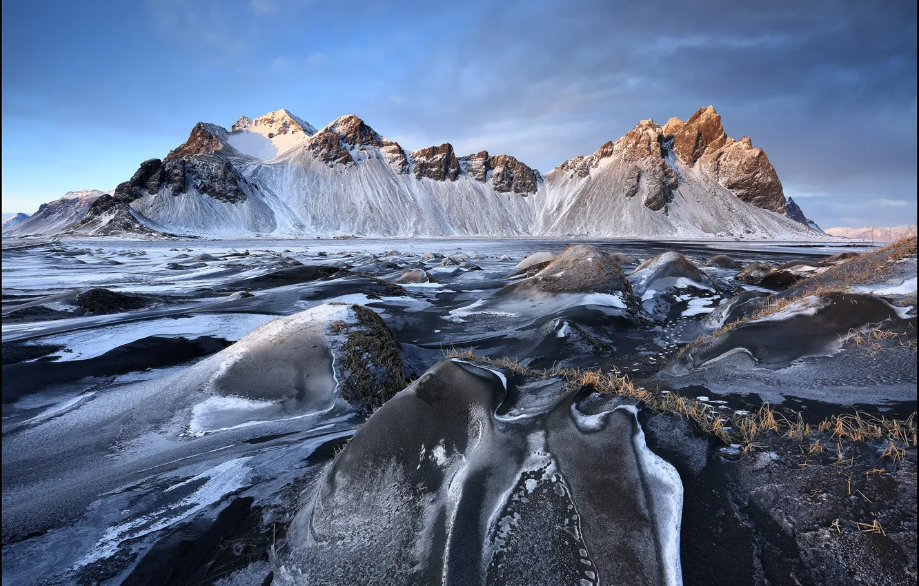 Фото обои Исландия, frozen, Iceland, Vestrahorn, Stokksnes