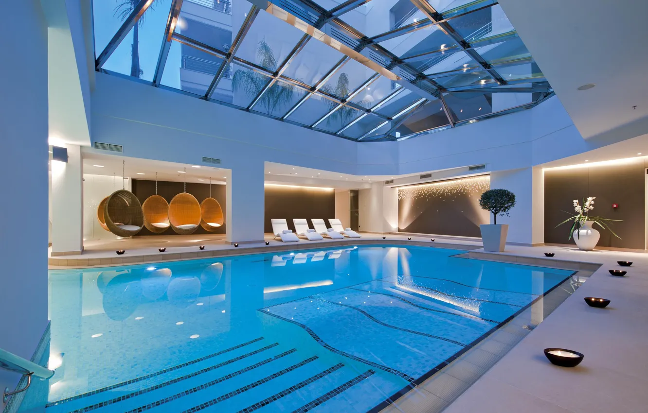 Фото обои дизайн, стиль, интерьер, бассейн, помещение, Porto Platani Beach Resort Spa