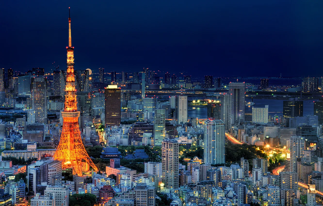Фото обои небо, ночь, огни, здания, башня, дома, небоскребы, Япония