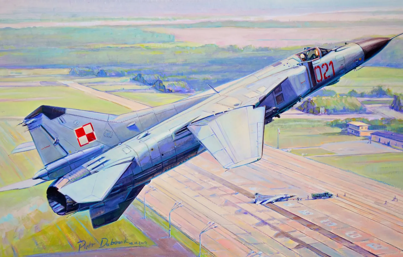Фото обои рисунок, истребитель, полёт, взлетная полоса, аэродром, МиГ-23, ОКБ МиГ, ВВС Польши