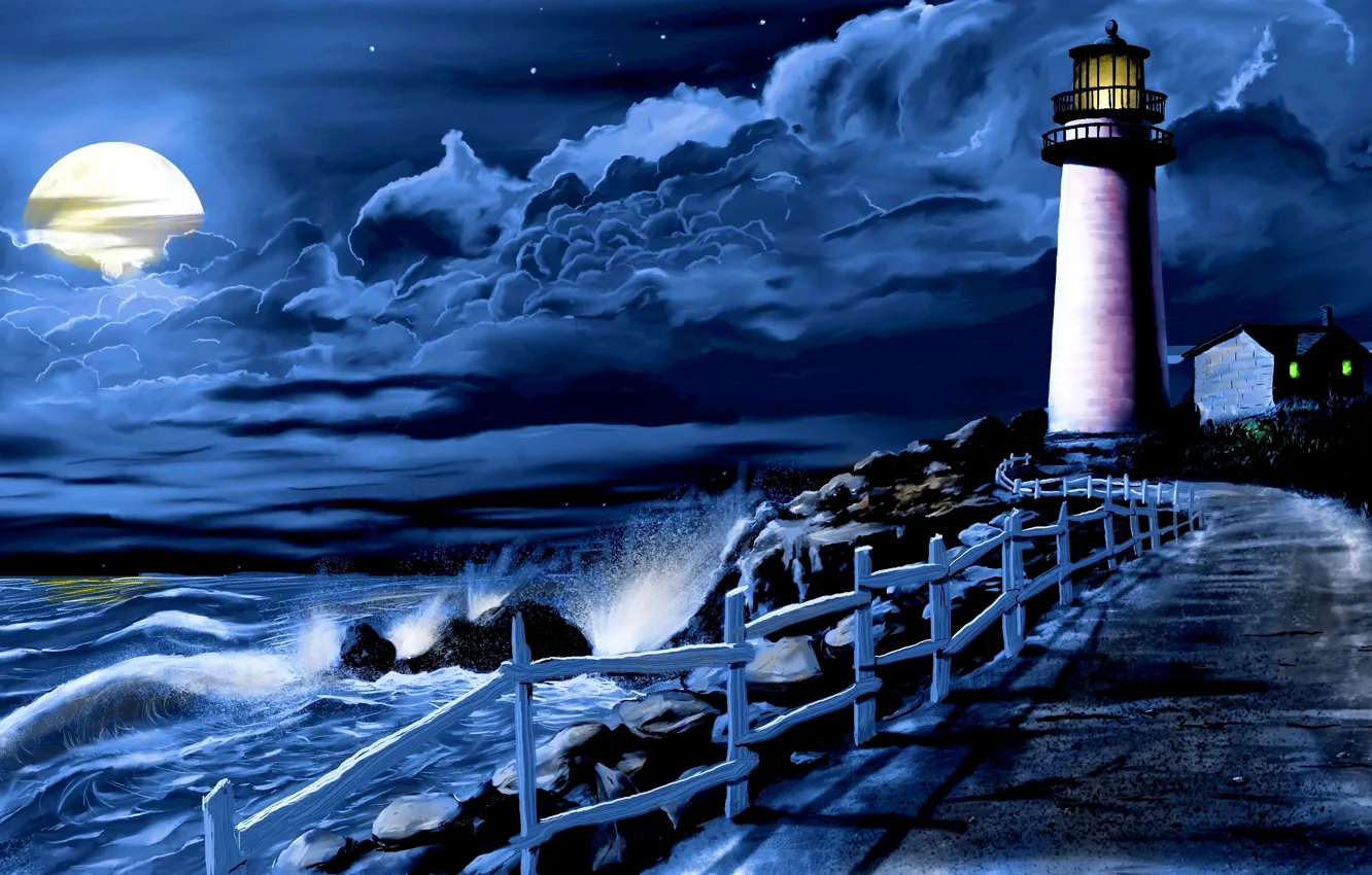 Фото обои море, волны, облака, ночь, луна, маяк, дорожка, прибой