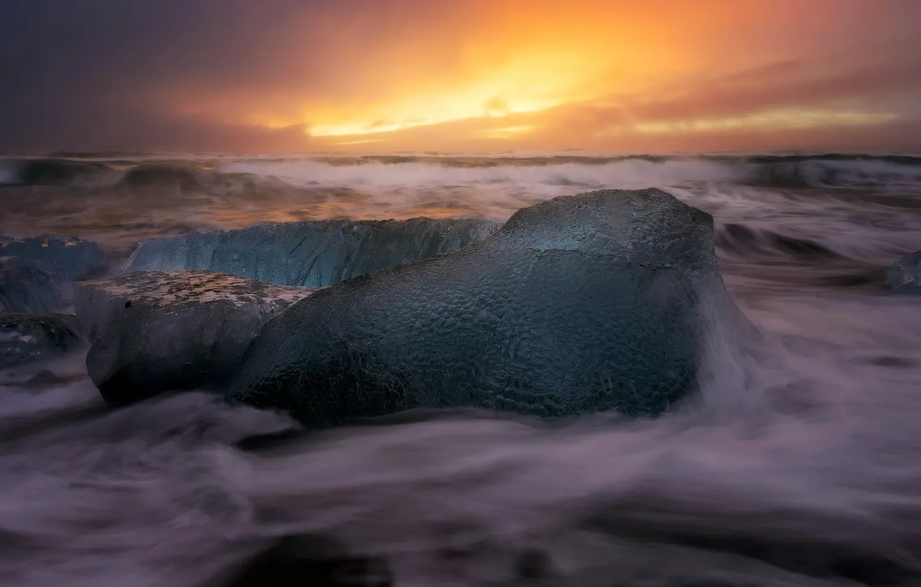 Фото обои лед, море, ночь