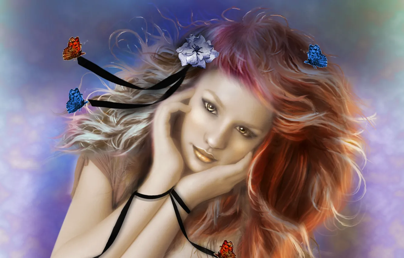 Фото обои цветок, взгляд, девушка, бабочки, лицо, фон, волосы, руки