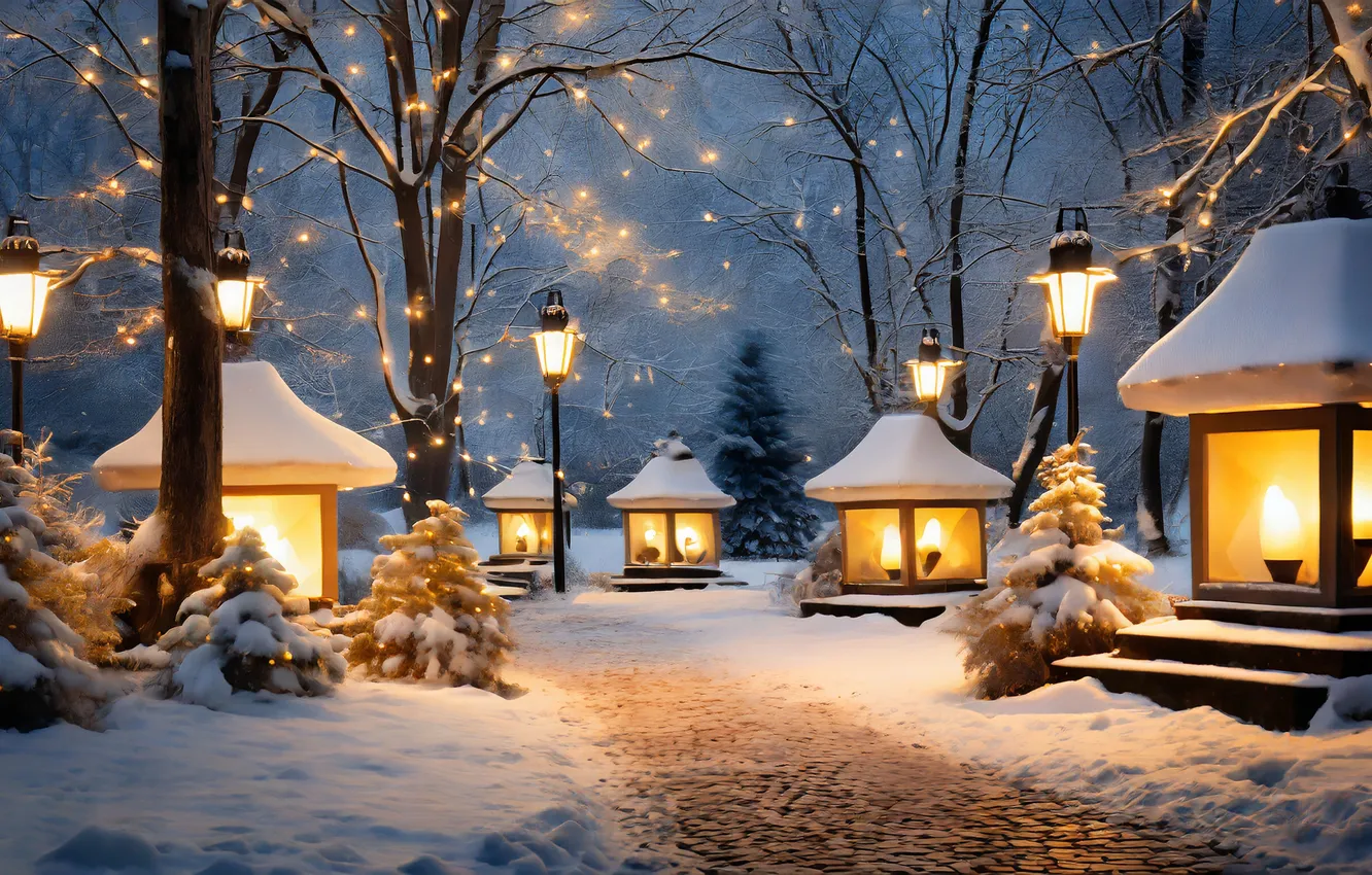 Фото обои зима, снег, ночь, Рождество, фонарь, Новый год, Christmas, night