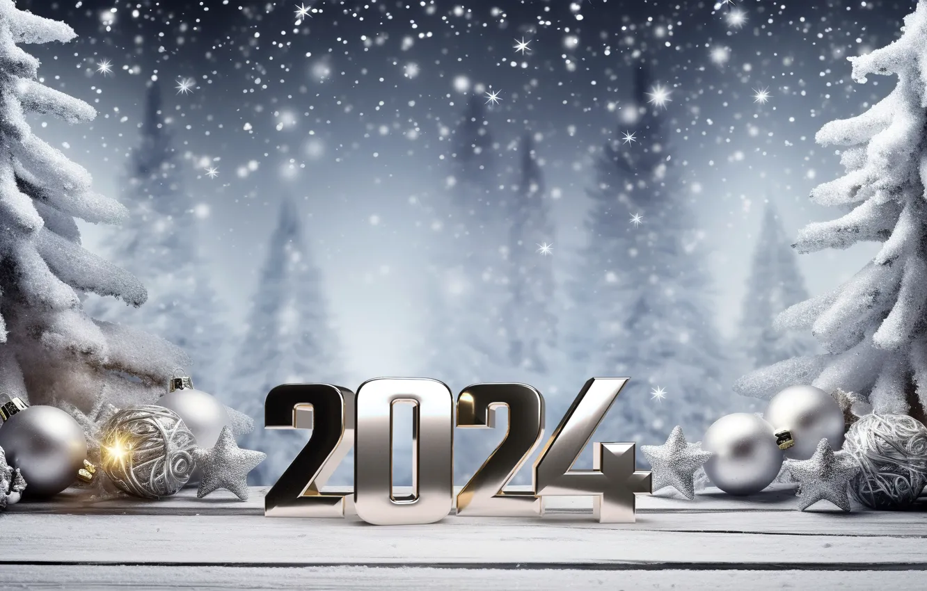 Фото обои зима, снег, шары, елки, Новый Год, Рождество, цифры, silver