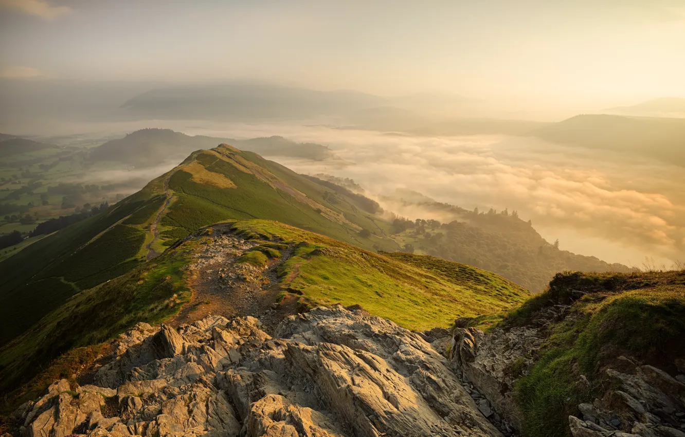 Фото обои трава, солнце, деревья, горы, туман, камни, рассвет, Англия