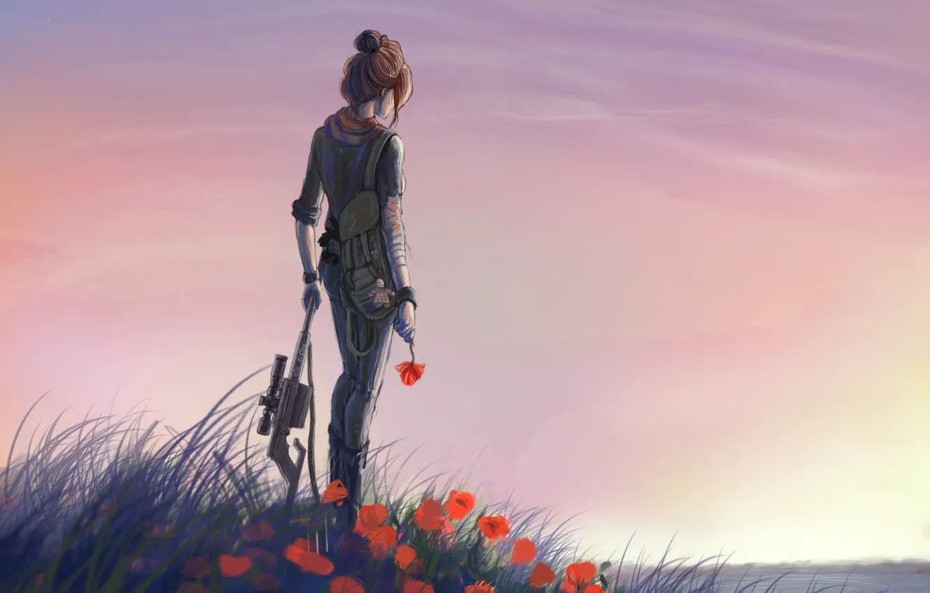 Фото обои трава, вода, девушка, цветы, река, оружие, поляна, маки