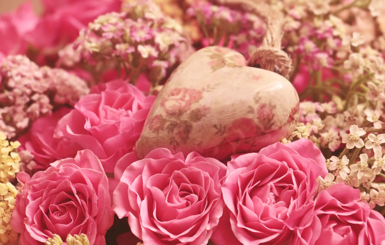 Фото обои цветы, розы, букет, розовые, сердечко