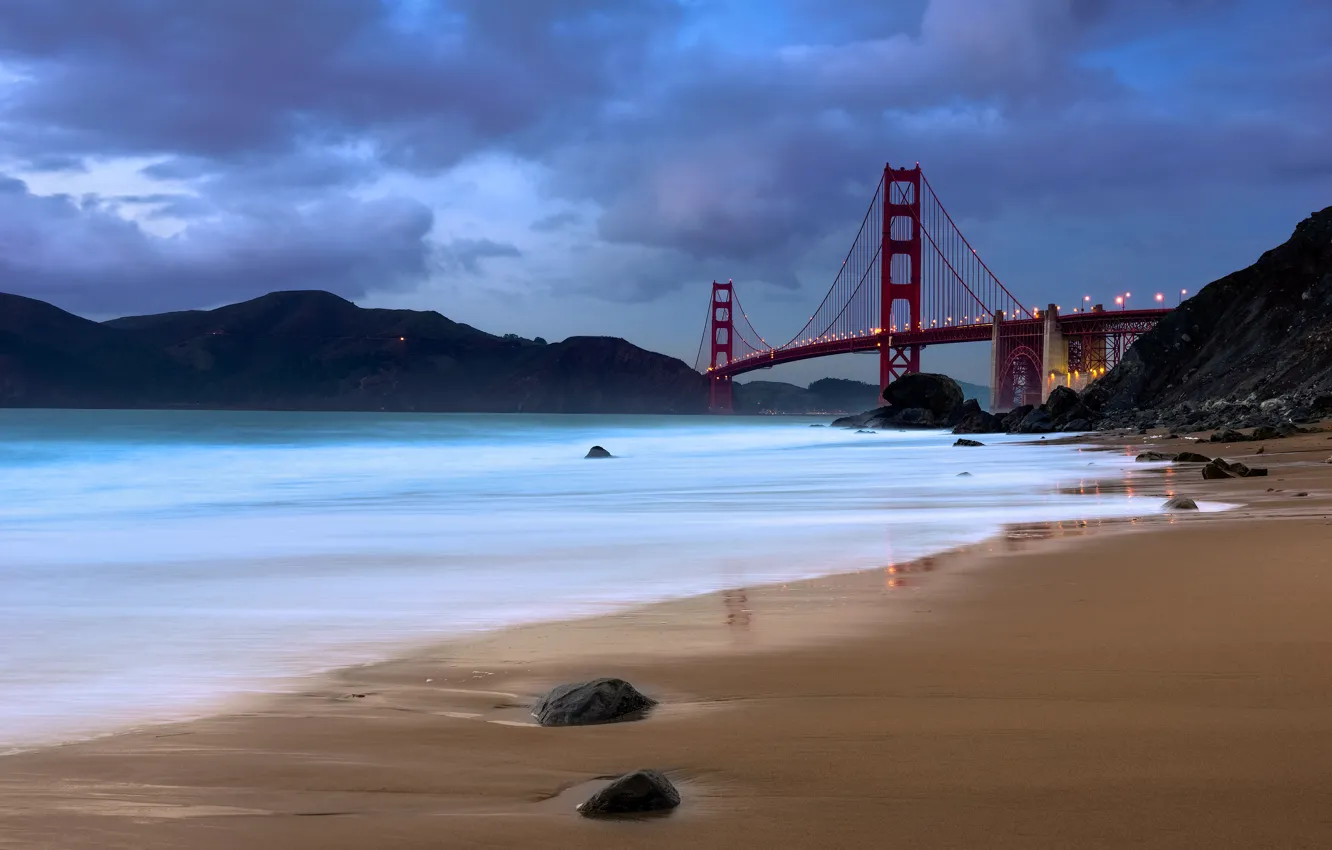 Фото обои пляж, мост, пролив, twilight, Baker Beach, The Golden Gate Bridge