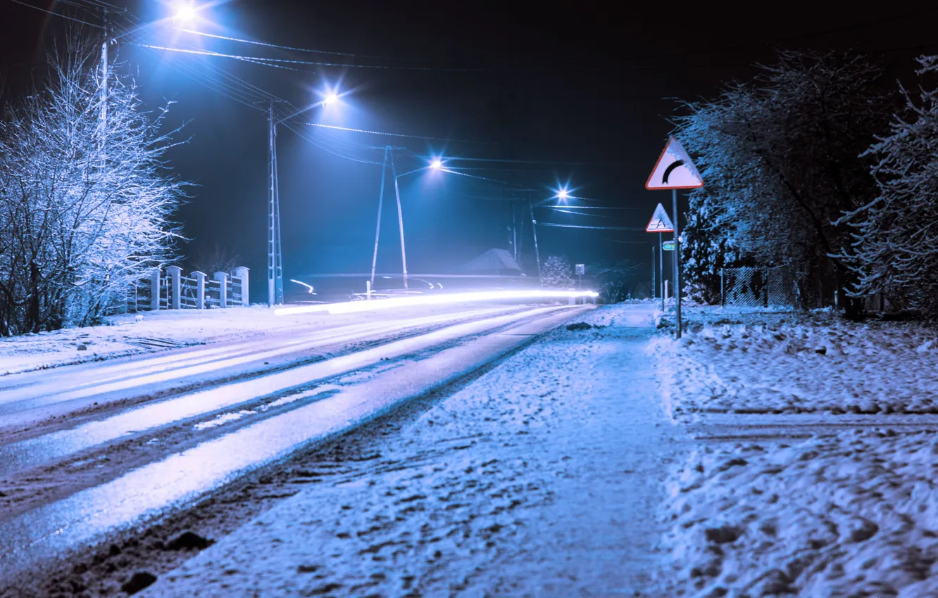 Фото обои зима, дорога, снег, деревья, ночь, lights, огни, фонари