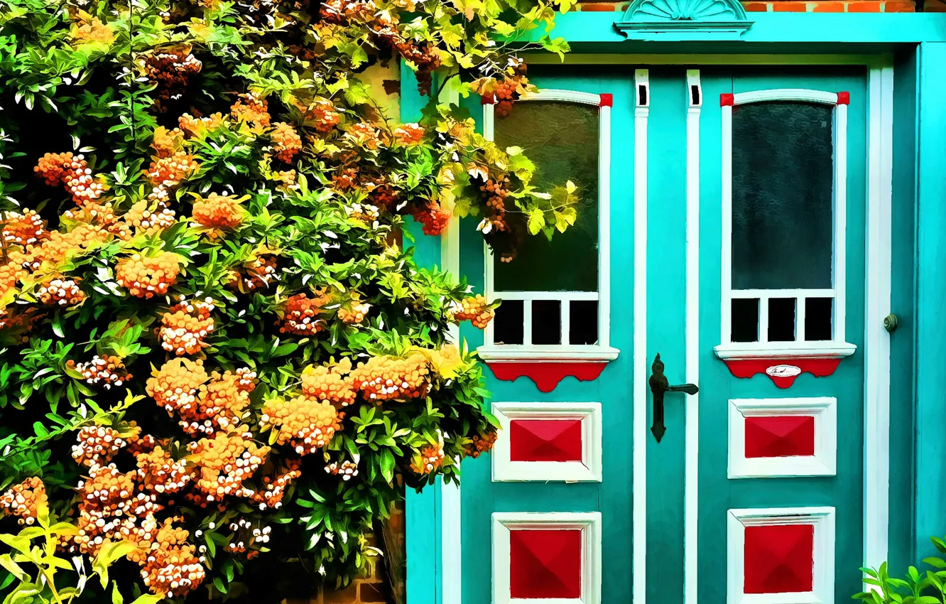 Фото обои Цветы, Рисунок, Дверь, Арт, Art, Flowers, Door
