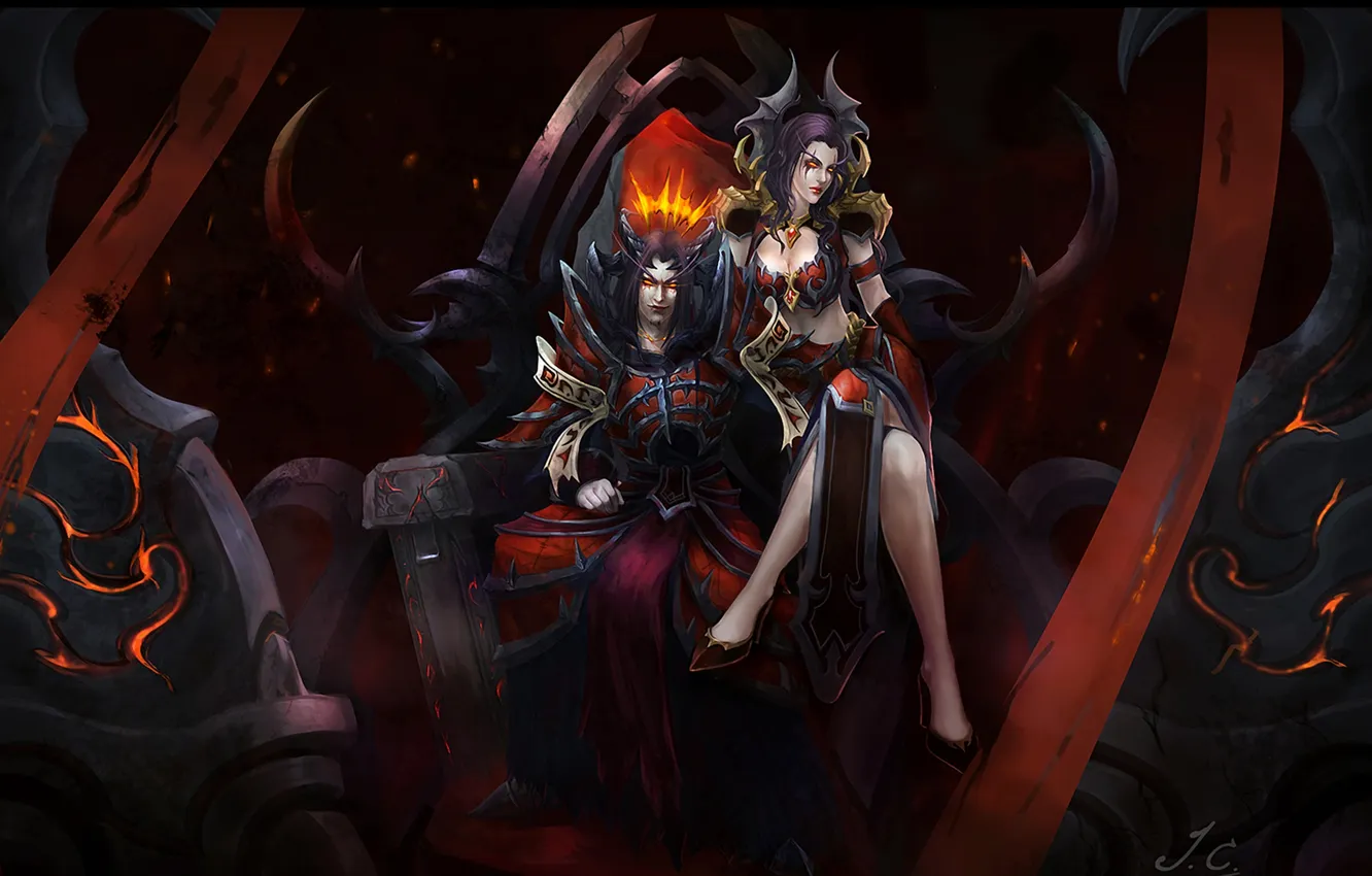 Фото обои узор, женщина, мужчина, WoW, World of Warcraft, трон, сидят, Nefarian