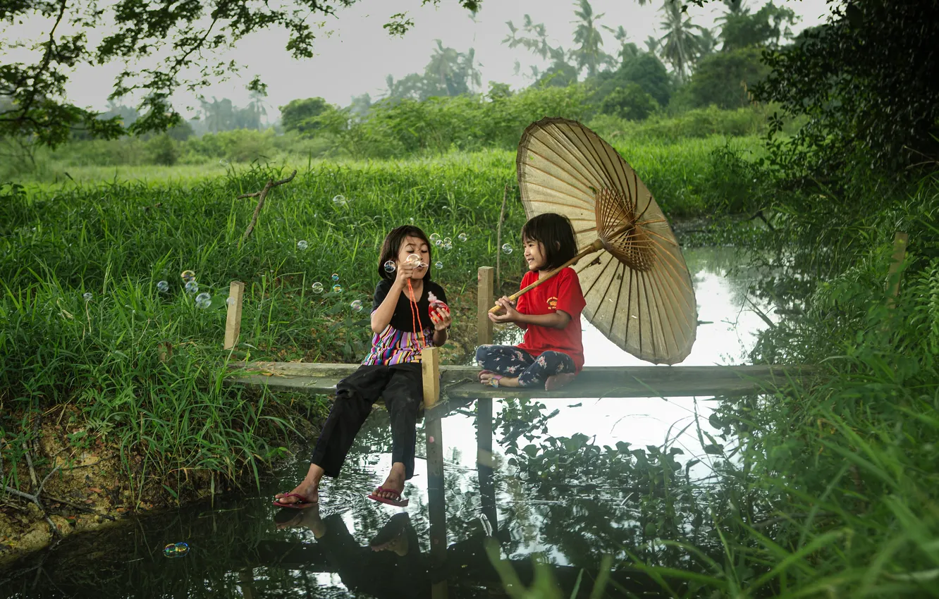 Фото обои girls, nature, boys, children