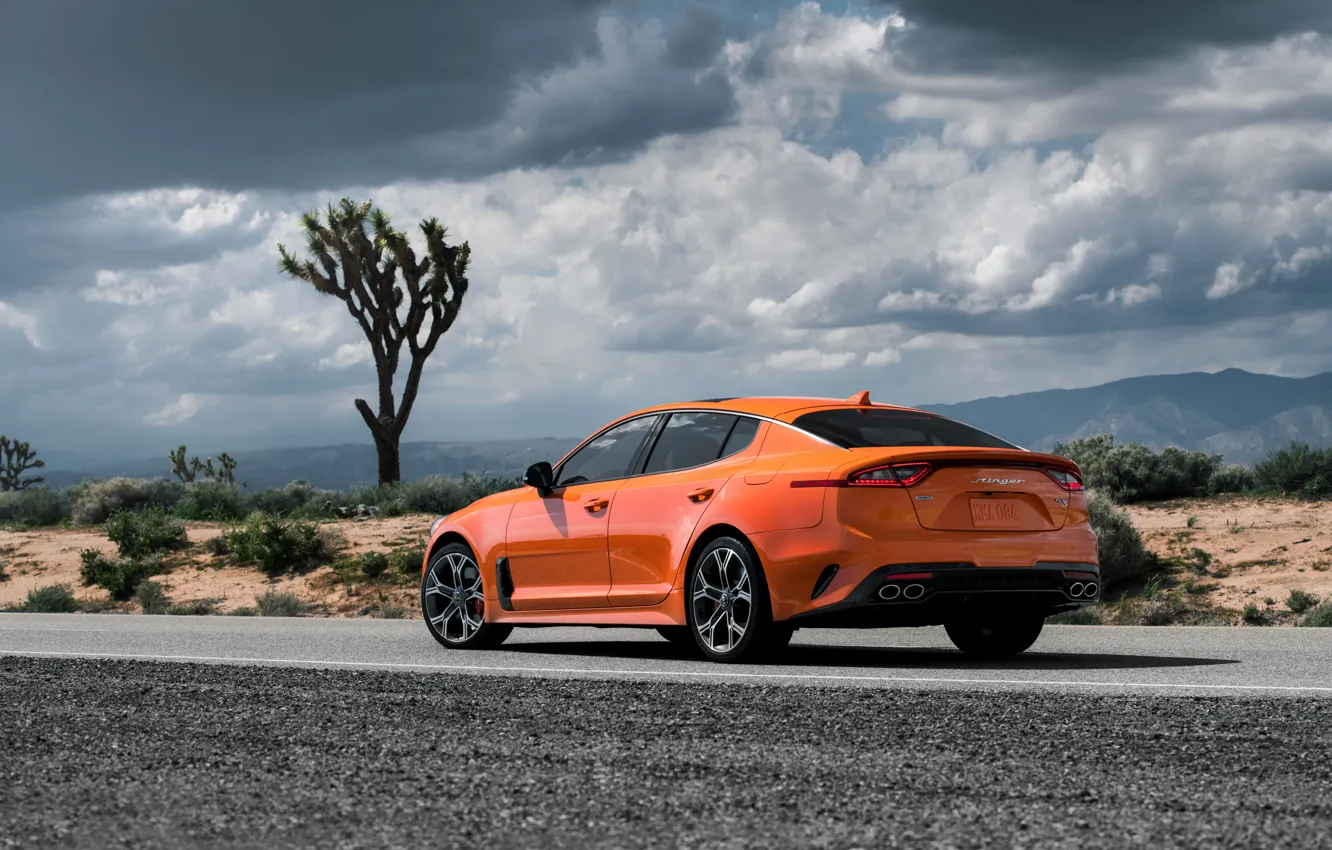 Фото обои оранжевый, KIA, Kia, GTS, на дороге, пятидверный, Stinger, 2020