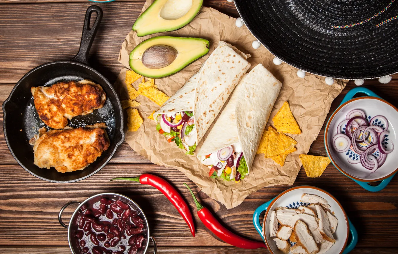 Фото обои лук, мясо, овощи, food, лаваш, лепешка, mexican, tortillla