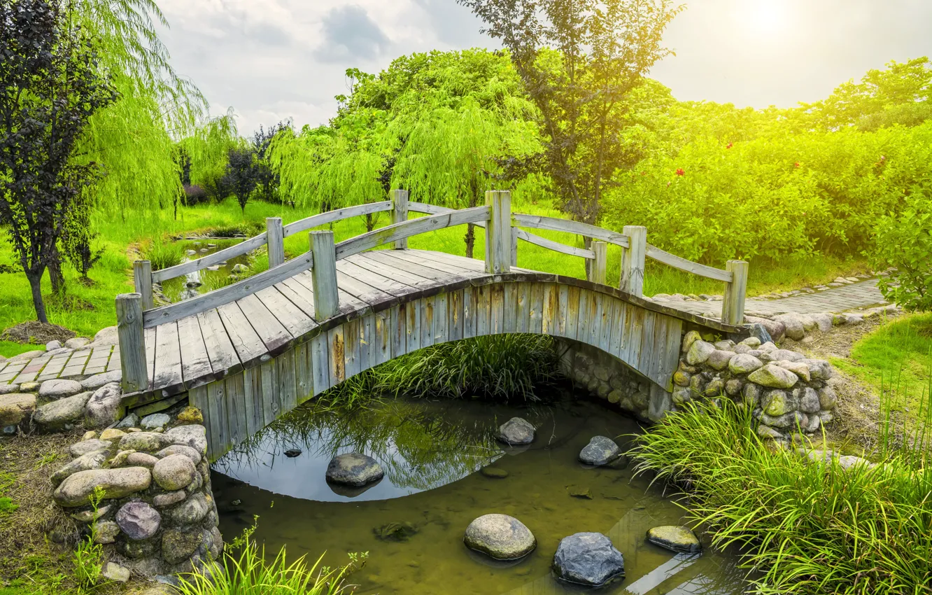 Фото обои зелень, вода, деревья, мост, пруд, парк, камни, дорожка