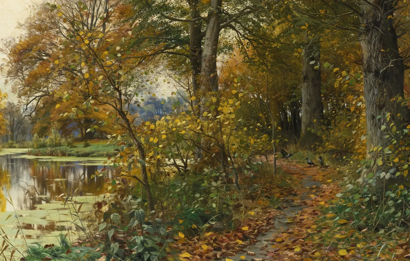 Фото обои осень, листья, пейзаж, природа, река, картина, тропинка, Петер Мёрк Мёнстед