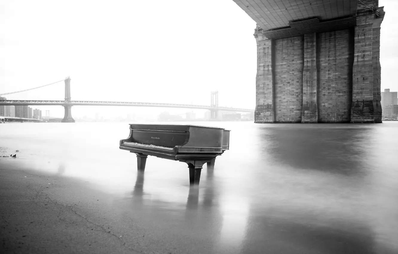 Фото обои мост, музыка, река, рояль