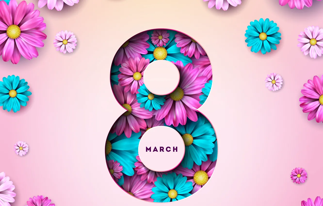 Фото обои цветы, happy, 8 марта, pink, flowers, открытка, spring, celebration