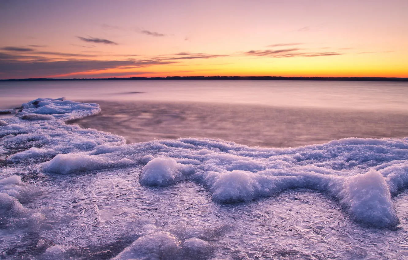 Фото обои холод, лед, вода, закат, озеро, река, льдины