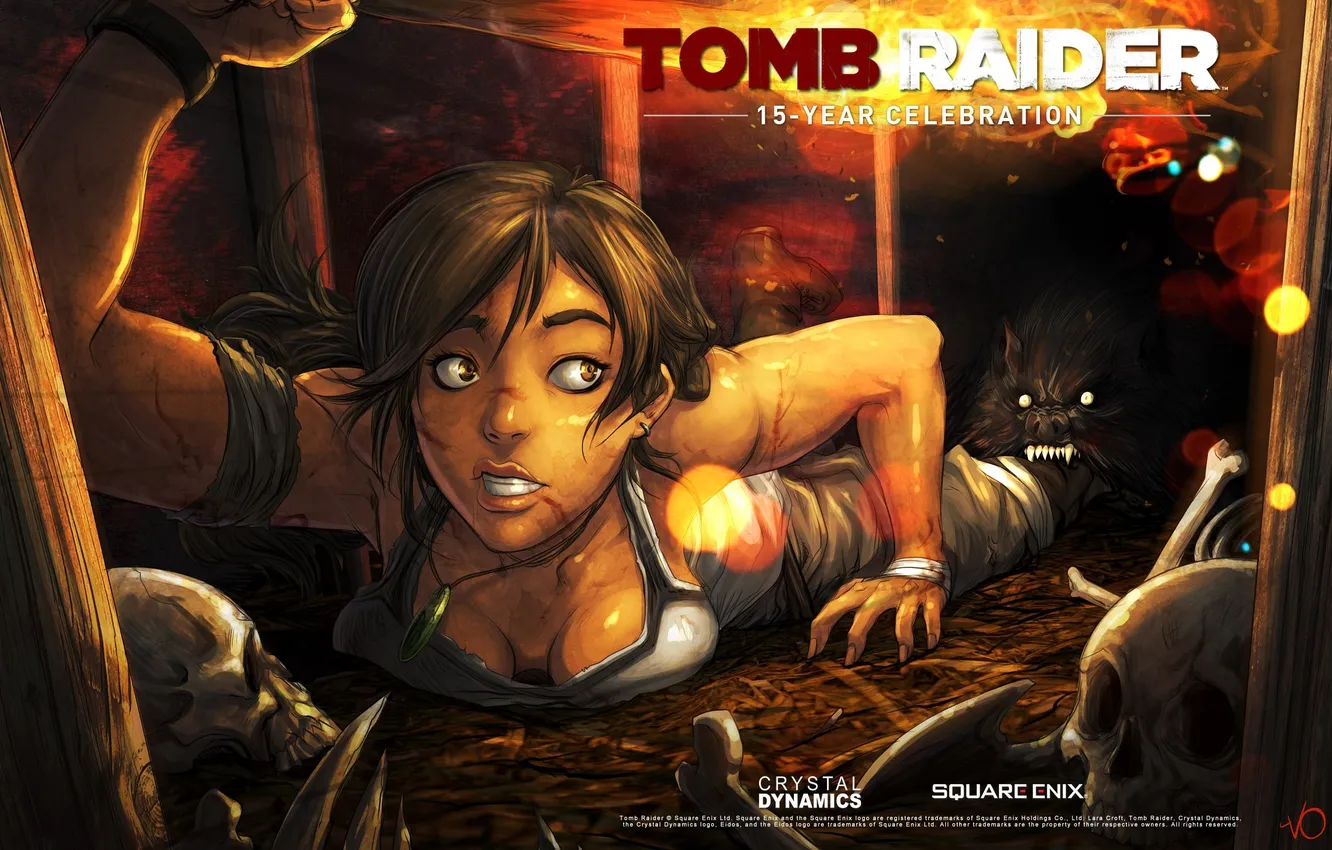 Фото обои череп, зубы, Tomb Raider, зверь, ползет, Lara Croft, 15 year celebration