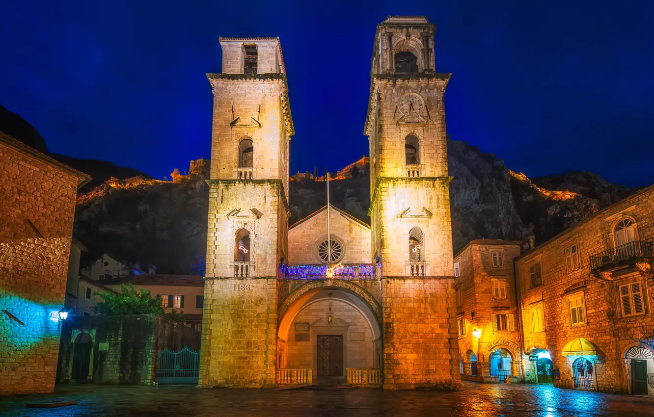 Фото обои горы, ночь, огни, церковь, храм, Черногория, Kotor Cathedral