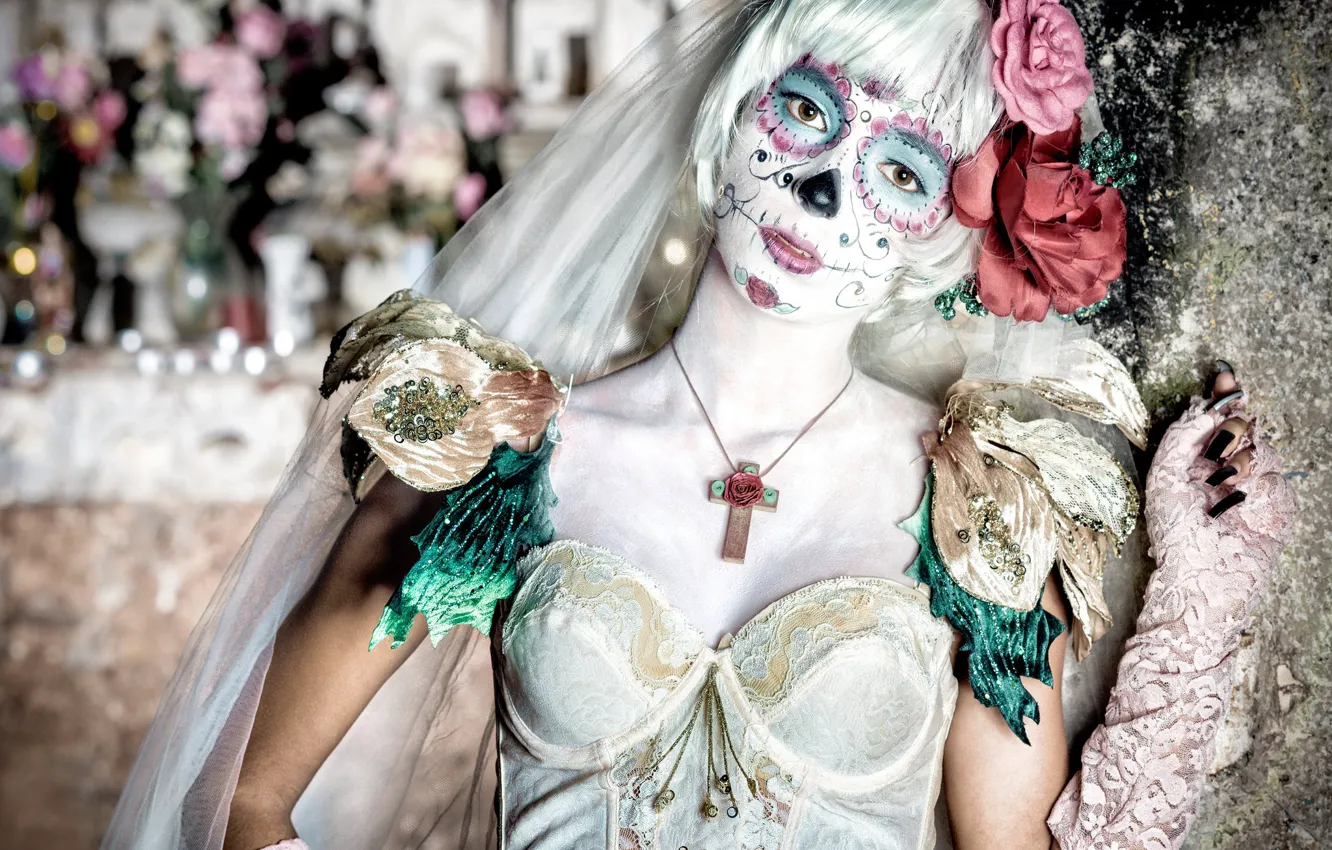 Фото обои девушка, цветы, лицо, раскрас, dia de los muertos, день мёртвых