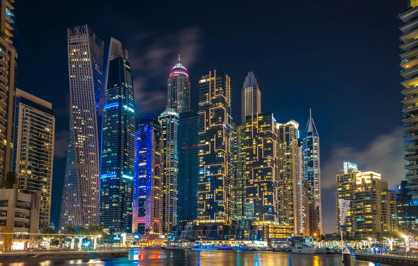 Фото обои здания, дома, Дубай, ночной город, Dubai, небоскрёбы, гавань, ОАЭ