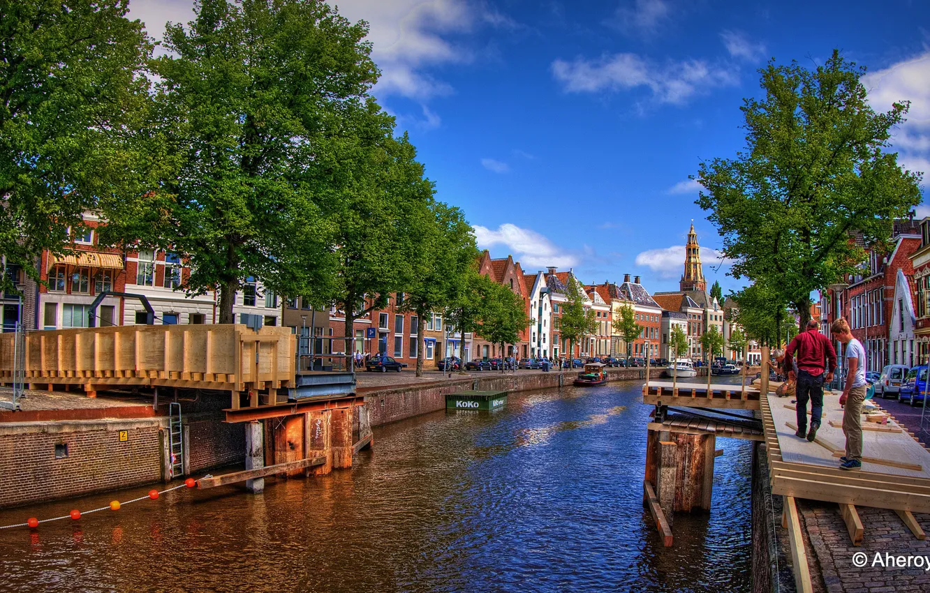 Фото обои мост, река, HDR, Нидерланды, строительство, набережная, Netherlands, Groningen