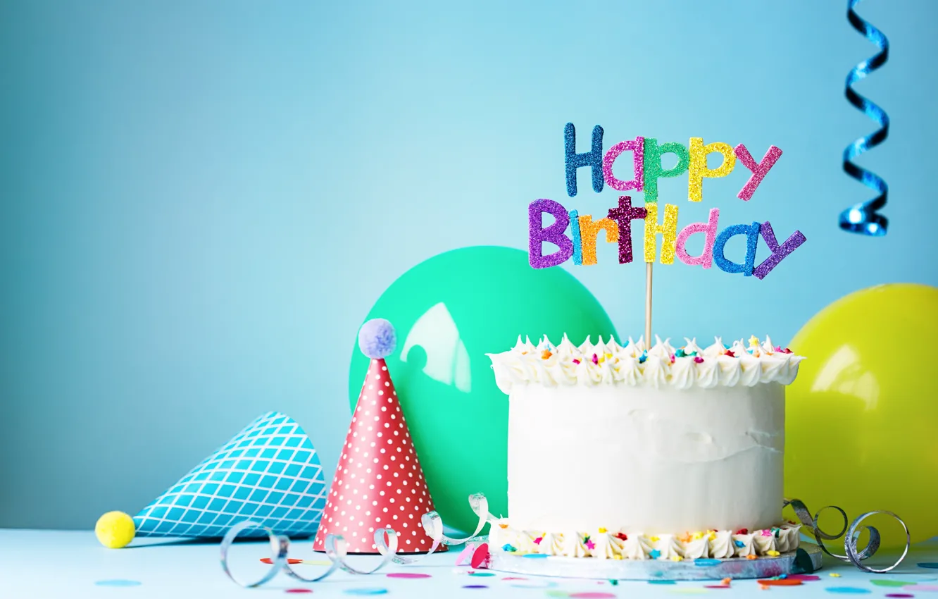Фото обои воздушные шары, свечи, торт, cake, decoration, Happy, День Рождения, Birthday