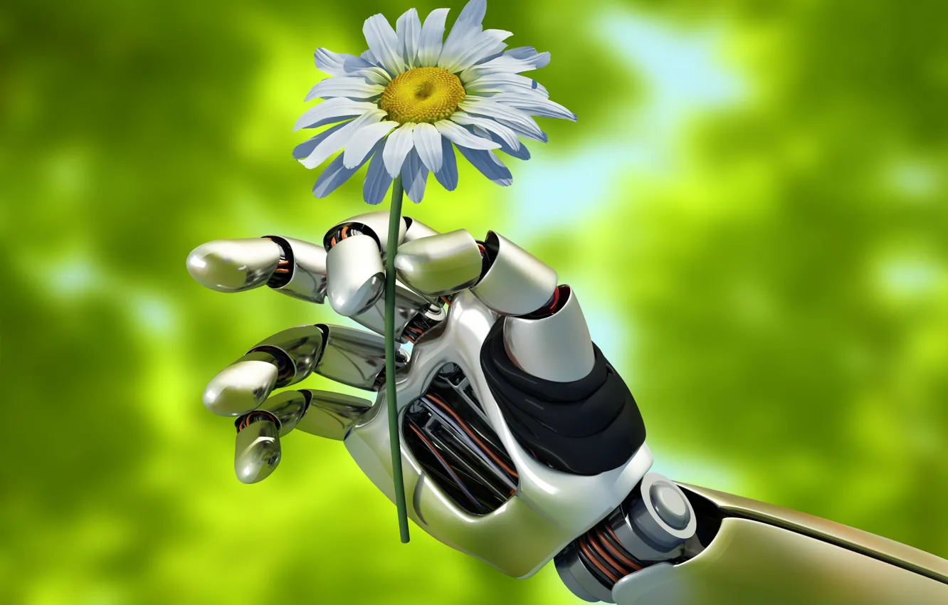 Фото обои лето, макро, природа, механизм, робот, рука, размытость, robot